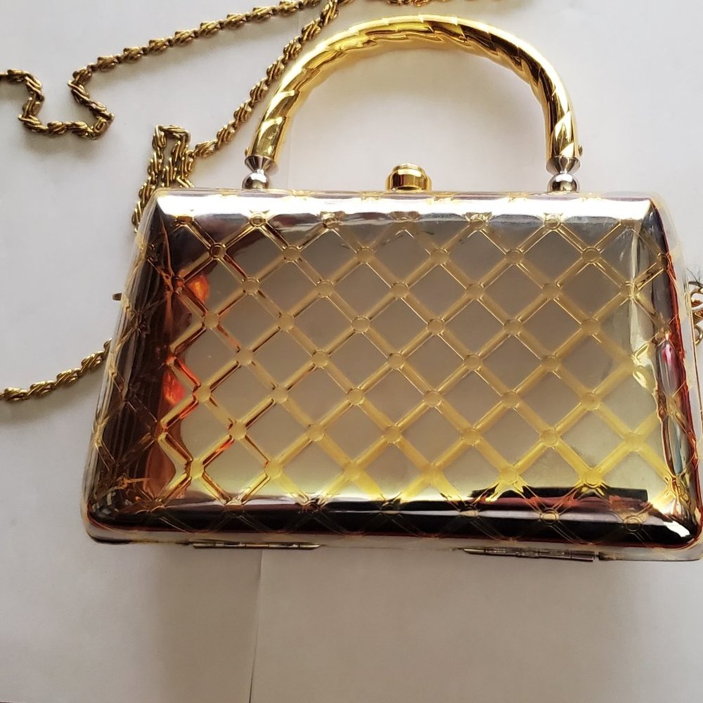 Vintage Sasha Hard (metal) Clutch Gold Tone with Chain Strap